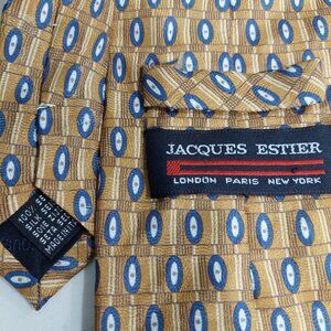 Jacques Estier Italy 100% silk tie with geometric pattern in gold & blue 3.75"